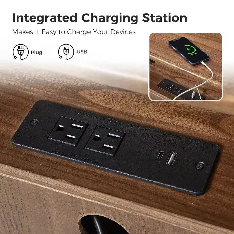 Nightstand with a pull-out tray featuring a built-in charging station