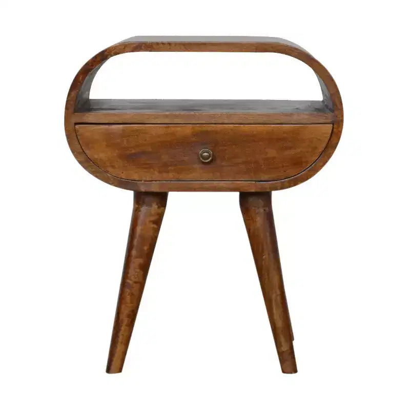Solid wood oval nightstand with a single drawer