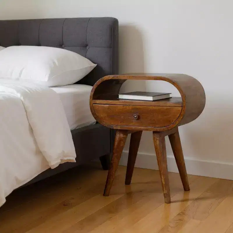 Solid wood oval nightstand with a single drawer