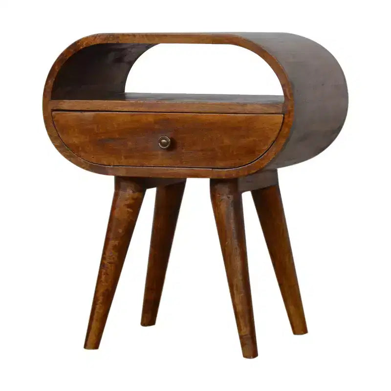 Solid wood oval nightstand with a single drawer